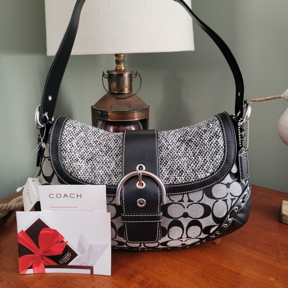 Coach F10425 Soho NWT Tweed Signature Flap Shoulder Bag Black Leather Y2K